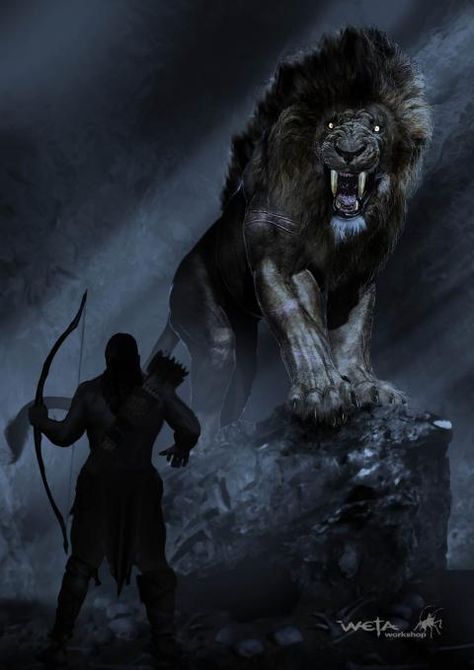 This is a modern depiction of the battle between Hercules and the Nemean lion. Even today, the myth shows up in modern art. There is no artistic credit available, other than it was created by Weta Workshop. Lion Monster Art, Hercules Vs Lion, Nemean Lion Tattoo, Hercules Tattoos, Hercules Lion, Lion Monster, Lion Roar, Nemean Lion, Tattoo Lion