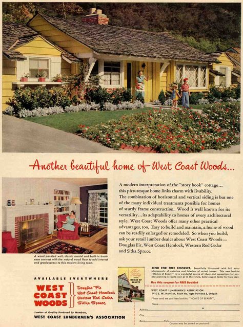 West Coast Woods ad for "story book" cottage, 1953 Storybook Ranch House, 50s Suburbia, Ranch Style Homes Exterior, Storybook Ranch, Ranch Architecture, 1950s California, Book Cottage, House Plan Ideas, Ranch Houses