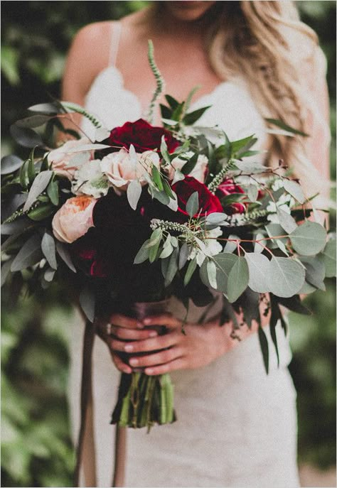 I love the greenery and pops of cranberry again. Maybe a little too much greenery going on though. Lavender Rice, Purple Lilies, Flowers Bridesmaids, Blush Bouquet Wedding, Burgundy And Blush Wedding, Flowers Peonies, Flowers Autumn, Red Bouquet, Boho Styl