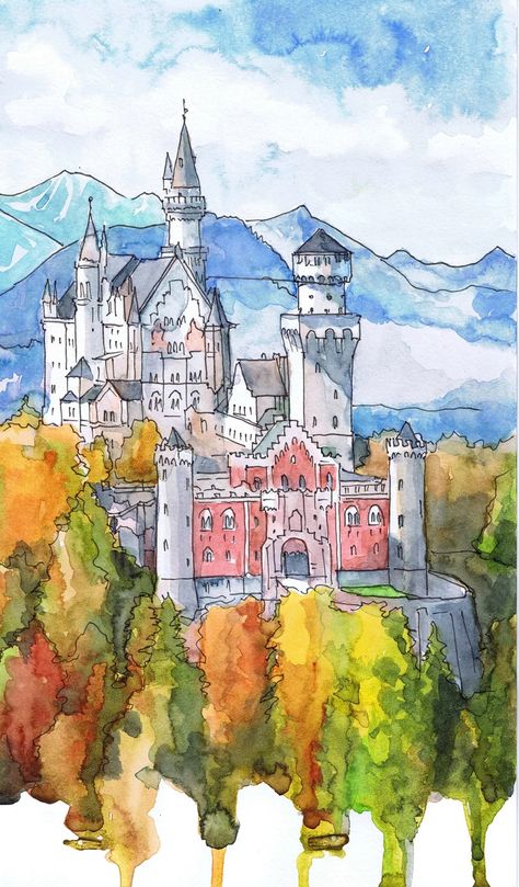 Watercolour Castle Painting, Neuschwanstein Castle Painting, Europe Art Paintings, Neuschwanstein Castle Drawing, Watercolor Castle Painting, Kitchen Painting Ideas Canvas, Painting Ideas Kitchen, Watercolor Ireland, Modern Painting Ideas