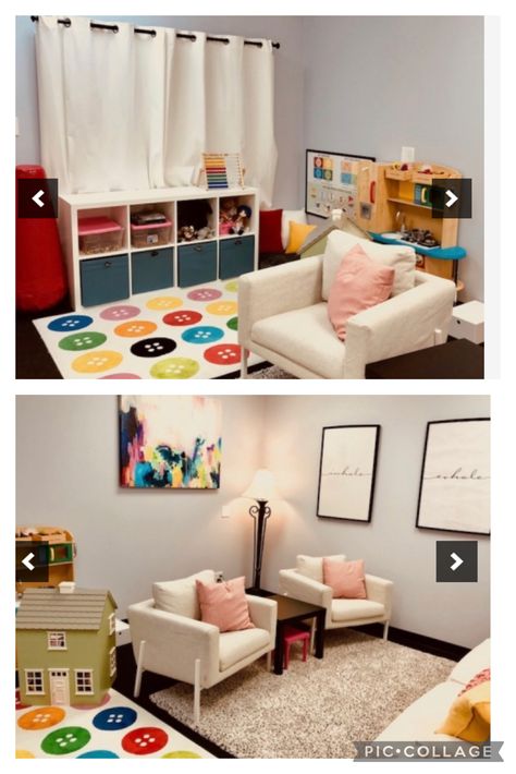 Play Therapist Office Decor, Mommy And Me Office Space, Small Play Therapy Office, Play Therapy Office Decor, Play Therapy Room Design, Aba Therapy Room Ideas, Aba Clinic Design, Kids Therapy Office, Play Therapist Office