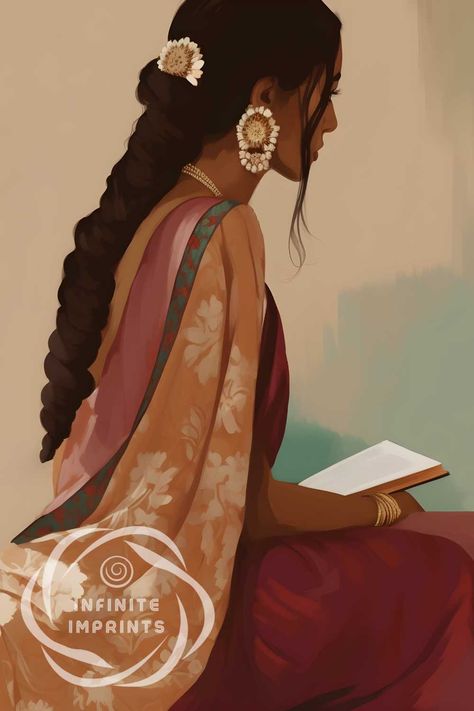 Desi Girl Art, Reading Book Art, Indian Woman Art, Woman In Saree, Sudha Murthy, Desi Art, Acrylic Portrait Painting, South Asian Art, Art Indian