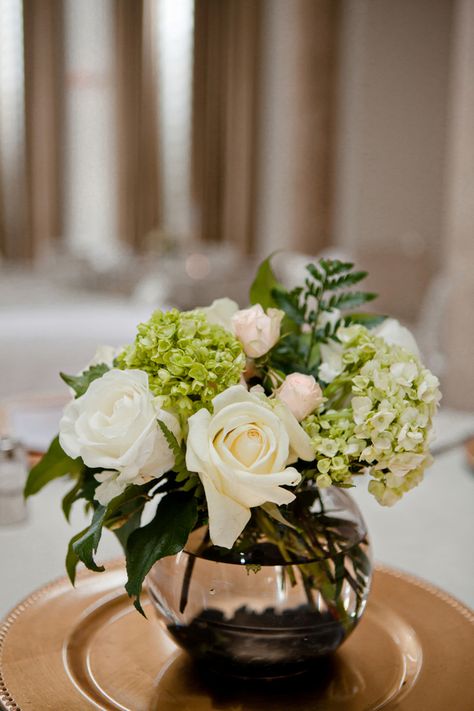 Gold And White Wedding, Roses And Hydrangeas, Canadian Wedding, Wedding Decorating, Edmonton Wedding, Pale Pink Roses, Bowl Vase, Reception Centerpieces, Flower Vase Arrangements