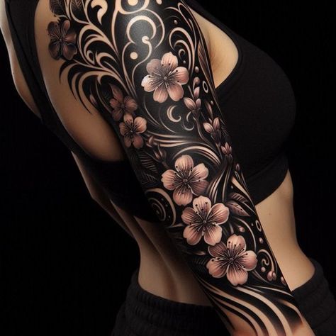 Black And Red Sleeve Tattoo Women, Unique Arm Sleeve Tattoos, Cover Up Tattoos For Women Arm, Black Flower Tattoo Cover Up, Blackout Tattoo Women, Blackout Flower Tattoo, Blacked Out Tattoo, Tattoo Cover Up Ideas For Women, Inspirational Symbols