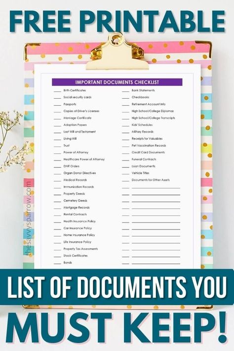 Get help with important papers organization and create your own important documents binder or filing system with this free printable checklist! This printable list of important papers to keep will help you get organized so that you have everything you need in event of an emergency, or just so you can tackle your paper clutter! Best Way To Store Important Documents, List Of Important Documents, Emergency Folder Important Documents, Family Important Document Binder, Important Papers To Keep, Home Emergency Binder Free Printables, Filing Documents Ideas, Important Paperwork Organization, List Of Important Documents To Keep