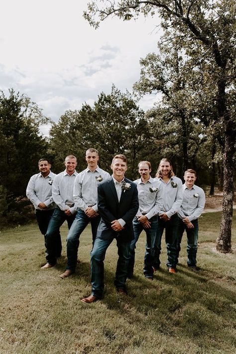 Groomsmen Outdoor Wedding Attire, Country Chic Groomsmen Attire, Men Jean Wedding Attire, Jeans Suspenders Groomsmen, Dusty Blue Groomsmen Attire Casual, Groomsmen Suspenders And Jeans, Groomsmen In Jeans And Jackets, Groomsmen Button Up And Jeans, Wedding Groomsmen Attire Jeans