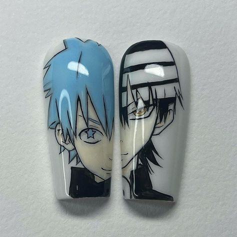 black☆star x DTK set! i <3 soul eater ˃̵ᴗ˂̵ all handpainted! DM to book for May! #souleater #souleaternails #nailart #nailartist #nailartaddict #gelxnails #gelnails #gelnailart #anime #animeart #animeartist #animeartwork #pressonnails #pressons #apresgelx #y2knails #handpaintednailart #handpaintednails #gelnails Soul Eater Nails Acrylic, Anime Manicure, Soul Eater Nails, Anime Nail Art, Black Star Soul Eater, Punk Nails, Moon Nails, Finger Nail Art, Anime Nails