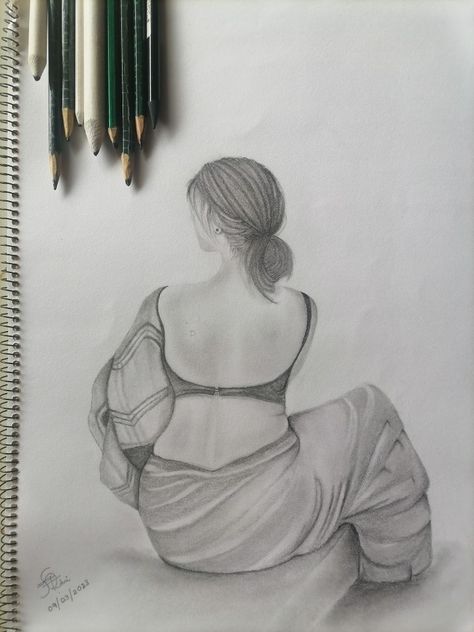 Girl in saree Girl In Saree Sketch, Girl In Saree, Pencil Arts, Pencil Drawings Of Girls, Page Borders Design, Borders Design, Drawings Simple, Art Drawings Simple, Pencil Sketch