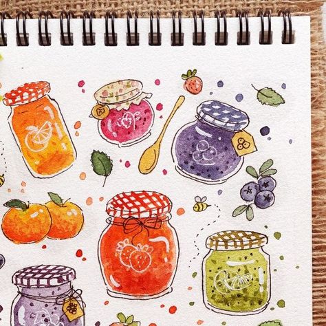 Nianiani on Instagram: "Colourful doodle of jars of jam. Wasn't the original intention to make it this colourful but not mad at the result either 🍓🍒🍑🍊🥝🍇
Tutorial now up on my yt channel: nianiani
Downloadable outline is available for purchase in my ko-fi shop, you can find the link in the description box of my yt video
Enjoy!
.
.
.
.
.

#watercolor #watercolour #watercolorpainting #watercolorart #watercolortribe #worldofartists #instaart #watercolor_daily #watercolortutorial #watercolorfood #worldwatercolorgroup #worldofart #watercolor_art #watercolor_art #watercolor_gallery #watercolordoodle #doodleart #watercolorfoodart" Food Art Journal, Jam Jar Aesthetic, Watering Can Watercolor, Nianiani Watercolor, Jar Art Drawing, Jam Jar Drawing, Jam Doodle, Jar Doodle, Jam Watercolor