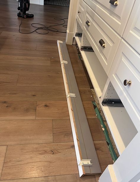 DIY Custom Toe Kicks on Ikea Sektion Kitchen Cabinets | Ikea Toe Kick Drawer, Ikea Kitchen Sektion Ideas, Kitchen Kick Plates, Cabinet Toe Kick Trim, Kitchen Kickplate Under Cabinet, Adding Trim To Ikea Cabinets, Installing Ikea Kitchen Cabinets, Kickplate Under Cabinets, Custom Ikea Kitchen