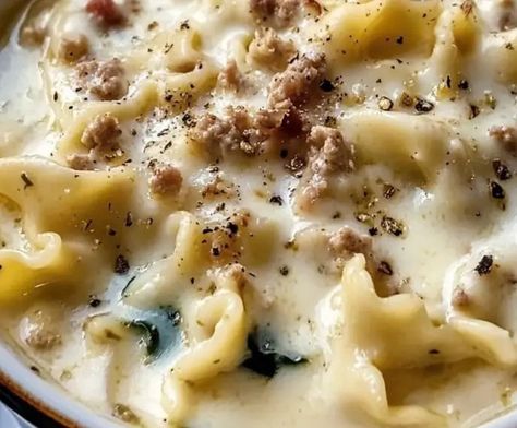 Creamy Alfredo Lasagna Soup | Delectable Recipe Lasagna Alfredo Soup, Creamy Lasagna Alfredo Soup, Creamy Lasagne Soup, Creamy Alfredo Soup, Alfredo Lasagna Soup Crock Pot, Creamy Alfredo Lasagna Soup Crockpot, Creamy Alfredo Lasagna Soup Recipe, Alfredo Soup Recipe, Creamy Alfredo Lasagna Soup