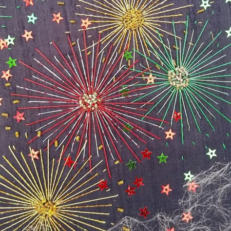 Embroidered Fireworks, Firework Embroidery, Sewing Scarves, Color Knowledge, Textile Art Embroidery, Paper Collage Art, Star Ornament, Slow Stitching, Embroidery Inspiration