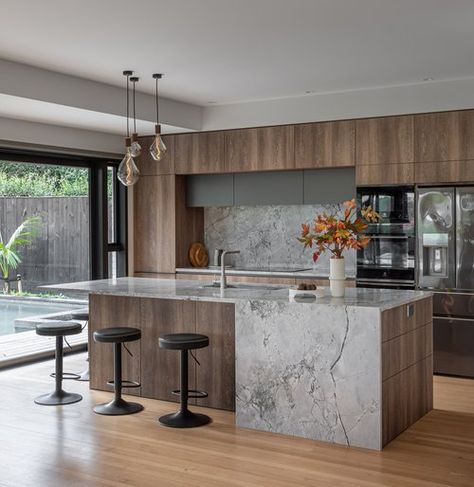 Multi award-winning kitchen designer, based in Auckland, New Zealand Laundry And Pantry, Pantry Scullery, Kitchen Palette, Titanium Granite, Textured Kitchen, Island Seating, Shelf Arrangement, Timber Shelves, Large Fridge