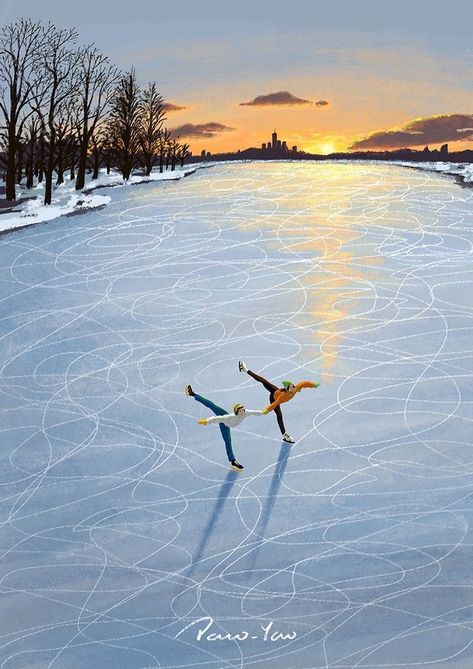 Winter Artwork, Christmas Illustrations, Winter Illustration, Whatsapp Wallpaper, Ice Rink, Cute Couple Art, Winter Pictures, Landscape Illustration, Winter Art