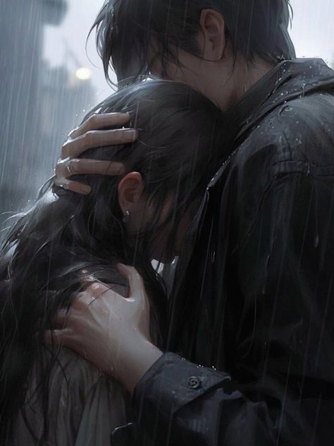 Lovers Running Aesthetic, Emotional Hug Images, Dark Fantasy Couple Aesthetic, Couple Comforting One Another, Hugging Knees, Couple Rain, Fantasy Romance Aesthetic, Couple Digital Art, Fantasy Lovers Couple