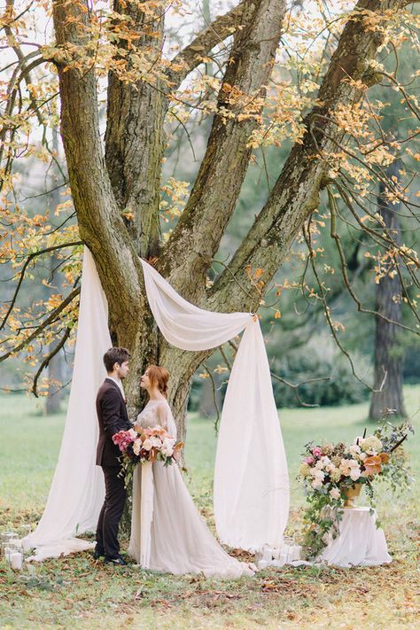 Natural Wedding Arch Outdoor Ceremony, Tree For Wedding Ceremony, Lowkey Outdoor Wedding, Tree Arch Wedding, Outdoor Wedding Ideas Ceremony, Outdoor Wedding Arch Ideas, Wedding Ceremony Tree, Wedding Arch Alternative, Autumn Castle