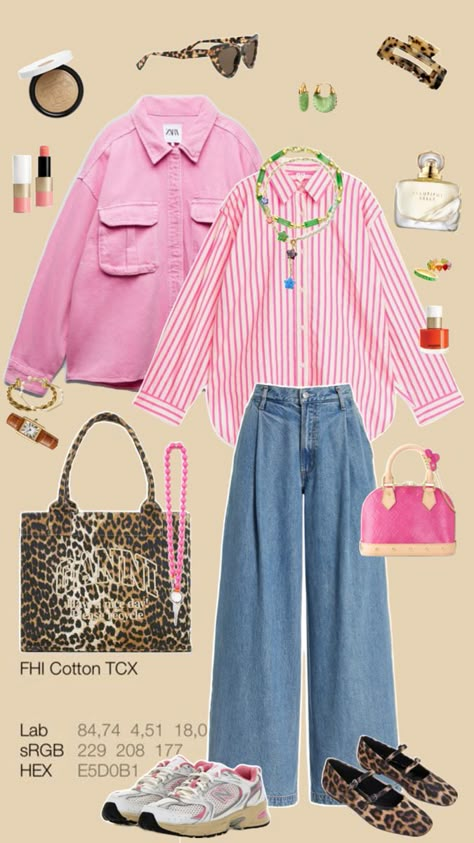 Shirt And Blue Jeans Outfit, Pink Bags Outfit, Chic Mom Outfits, Pink Shirt Outfit, Blue Jeans Outfit, Wide Leg Jeans Outfit, Blue Jean Outfits, Leopard Bag, Funky Outfits