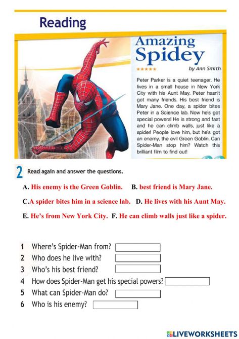 Spiderman Worksheet, Spiderman Reading, Esl Activities, English As A Second Language (esl), Reading Worksheets, English As A Second Language, Science Lab, Worksheet Template, Story Writing