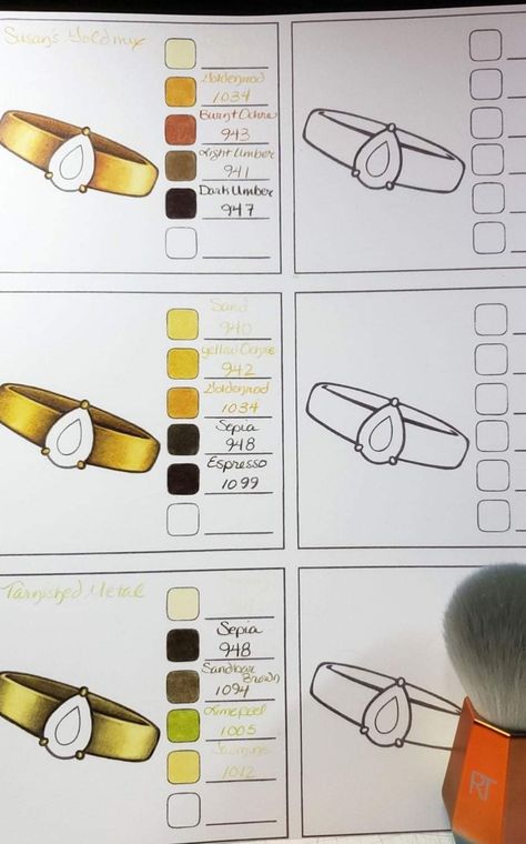 Prismacolor Gold Combination, Prismacolor Color Combinations Chart, Polychromos Color Combinations, Metal Rendering, Coloring Gold, Prismacolor Combinations, Prismacolor Combos, Rendering Drawing, Gold Drawing