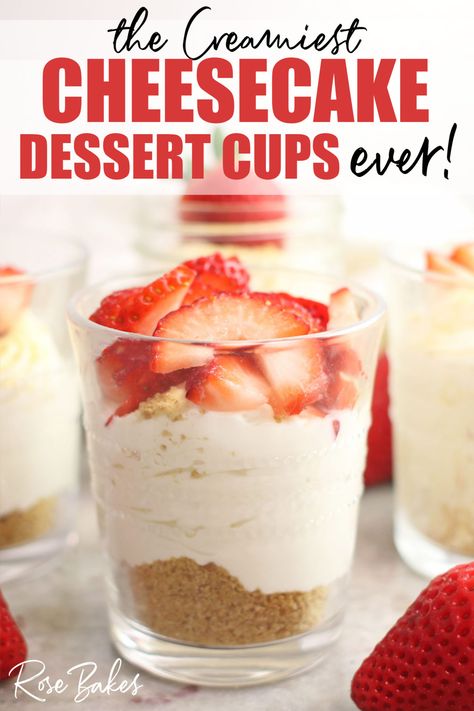 Individual Pudding Cups Dessert Recipes, Mini Cheesecakes Cup, Mini Cheesecake Parfait, No Bake Strawberry Cheesecake In A Cup, No Bake Raspberry Cheesecake Cups, Cheesecake Party Ideas, Cream Cheese Cups Desserts, Mini Cheesecake Trifle, Mini Desserts Cups For Parties