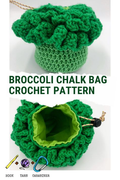 Free crochet pattern! Crocheted Broccoli Rock Climbing Chalk Bag. Cinches closed with a wonderfully ruffly top! Celebrate sunny days with this adorable and easy to make chalk bag! hookyarncarabiner.com #crochet #diy #broccoli #chalkbag #chalk #bag #freepattern #easy #tutorial #photos #climbing #yarn #lionbrandyarn #vannaschoice #veggie #floret #green #rockclimbing #project #summer #outdoors #adventure #hookyarncarabiner Crochet Broccoli Hat, Chalk Bag Crochet Pattern, Crochet Climbing Chalk Bag, Crochet Chalk Bag Pattern Free, Climbing Chalk Bag Pattern, Crochet Chalk Bag, Chalk Bag Pattern, Rock Climbing Chalk Bag, Climbing Chalk Bag