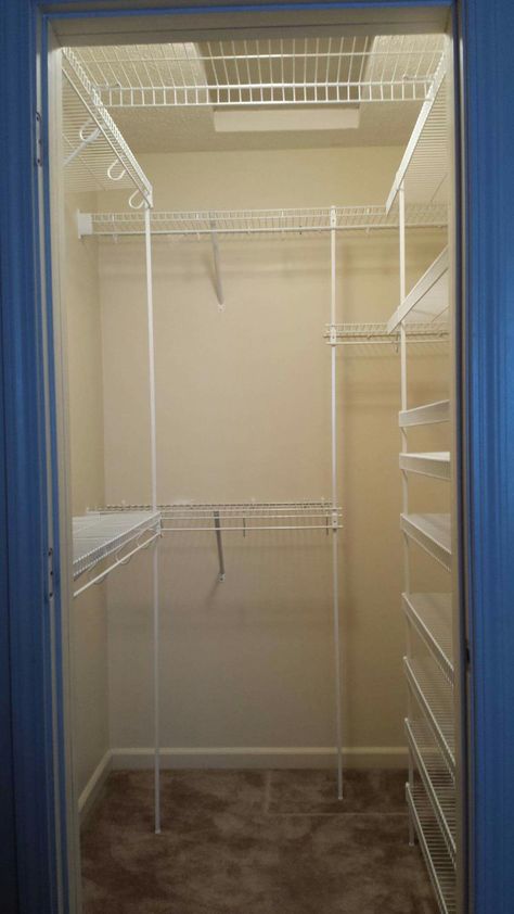 Small Walk In Closet Ideas Wire Shelves, Closet Organization Wire Shelves, Bedroom Turned Closet, Walk In Closet Organization, Shelves Organization, Wire Closet Shelving, Organizing Walk In Closet, Closet Makeover Diy, Small Walk In Closet