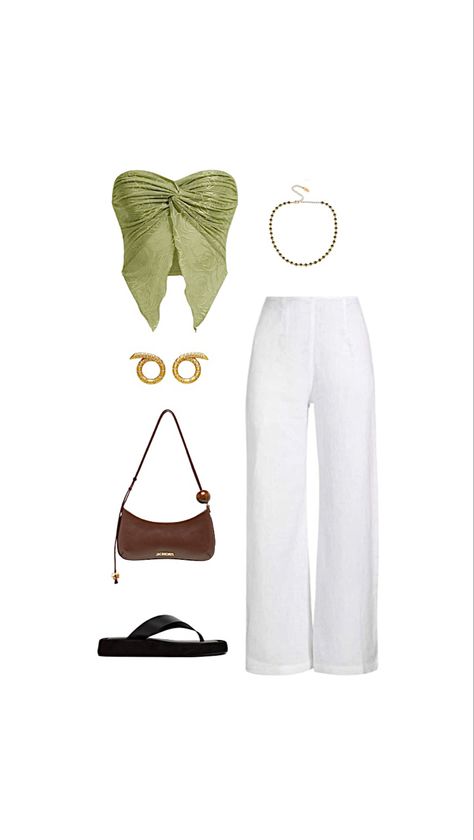 White wide leg pants 
Green outfit inspo
Minimal outfit
White 
Pants 
Shoulder bag Fitted Boho Outfits, Casual Classy Outfits Summer, Casual Basic Outfits, Polyvore Outfits Casual, Polyvore Outfits Summer, Travelling Outfits, Cute Travel Outfits, Nashville Outfits, Vacay Outfits