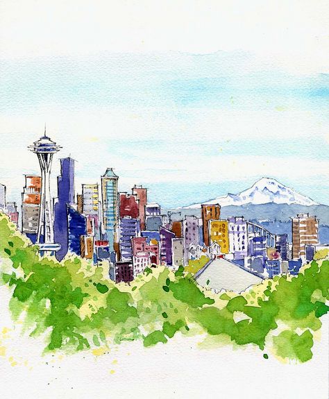 Seattle Skyline | por penartist7 Seattle Doodle, Seattle Sketch, Seattle Skyline Drawing, Seattle Drawing, Seattle Painting, Seattle Watercolor, Seattle Skyline Painting, Skyline Watercolor Painting, Dad Illustration