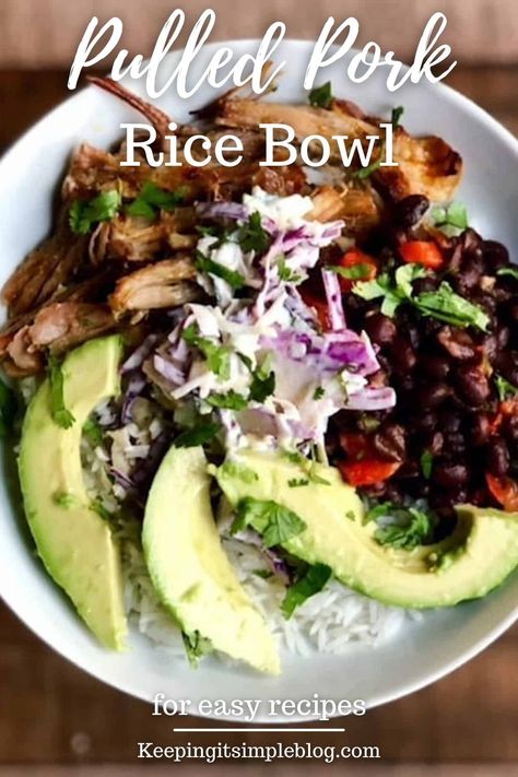 This pulled pork rice bowl recipe has everything you need to make tender and delicious pulled pork and the sides that go best with it. A complete meal that is so full of flavor! Bbq Pulled Pork Rice Bowl, Pulled Pork Rice Bowl, Pulled Pork Bowls, Pulled Pork Bowl, Pork Rice Bowl Recipe, Nourishing Bowls, Pork Bowl Recipe, Healthy Pulled Pork, Pork Bowl