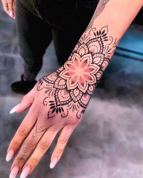 57 Soul-inspiring Mandala Tattoos with Meaning - Our Mindful Life Wrist Hand Tattoo, Mandala Thigh Tattoo, Mandala Tattoos For Women, Mandala Wrist Tattoo, Herren Hand Tattoos, Small Mandala Tattoo, Bracelet Tattoos, Wrist Bracelet Tattoo, Mandala Hand Tattoos