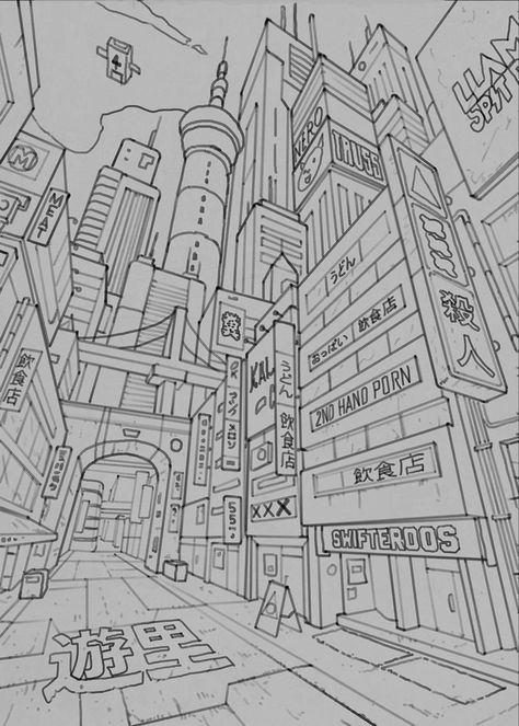 Cyberpunk Sketch City, Cyberpunk Drawing City, Cyberpunk City Drawing Sketch, City Background Drawing Tutorial, Cyberpunk Building Art, How To Draw Cyberpunk, Cyberpunk Coloring Pages, Cyberpunk Drawing Reference, Perspective Art Reference Buildings