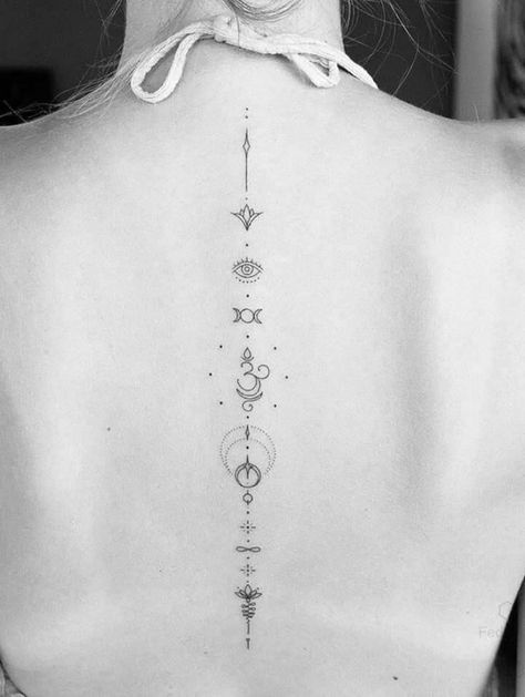 Dainty Spine Tattoo, Vertical Tattoo, Spine Tattoo Ideas, Chakra Tattoo, Unalome Tattoo, Muster Tattoos, Geometric Tattoo Design, Spine Tattoos For Women, Spine Tattoo