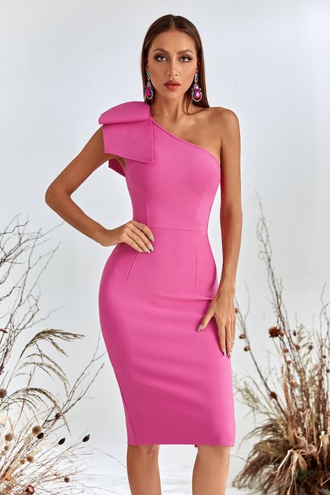 Magenta Cocktail Dress, Magenta Cocktail, One Shoulder Midi Dress, Bandage Midi Dress, Shape Wear, Midi Cocktail Dress, Stylish Clothes For Women, Bandage Dress, Elegant Dress