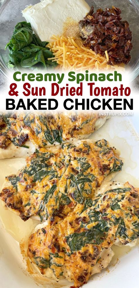 Oven baked chicken breasts topped with a heavenly mixture of cream cheese, spinach, sun-dried tomatoes, cheddar cheese, and garlic. A quick and easy chicken dinner recipe your entire family will love! Sun Dried Tomato Spinach Chicken, Baked Chicken And Cream Cheese Recipes, Chicken And Sun Dried Tomato Recipes, Stuffed Chicken Breast Cream Cheese Spinach Sun Dried Tomatoes, Chicken Sun Dried Tomatoes Recipes, Tomato Baked Chicken, Quick And Easy Chicken Dinner, Split Breast Chicken Recipes, Chicken Breast Recipes Dinners