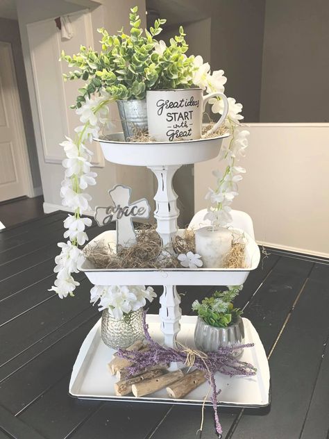 Tiered Tray Diy, Dollar Store Diy Projects, Garden Decor Diy, Diy Dollar Tree Decor, Dollar Tree Decor, Candle Sticks, Dollar Tree Diy Crafts, Diy Dollar Store Crafts, Funky Junk