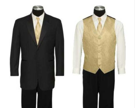 Groom and groomsmen gold tie black suit gold vest White Tuxedo Wedding, Gold Vest, Best Wedding Suits, White Tux, Vintage Ball Gowns, Black Gold Wedding, Groomsmen Outfits, Nye Wedding, Suits Men