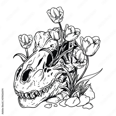 Dinosaur Skeleton Tattoo, Tyrannosaurus Rex Skull, T Rex Skull, Skull Tattoo Flowers, Skeleton Tattoo, Skull With Flowers, Dinosaur Tattoos, Skeleton Tattoos, Kawaii Tattoo