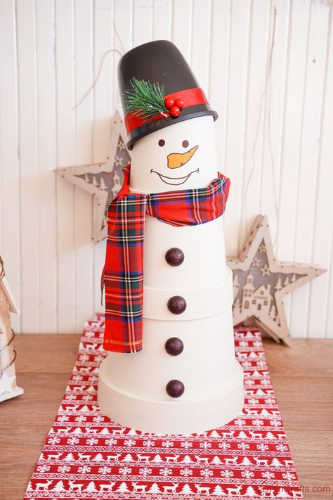 DIY Flower Pot Snowman Winter Porch Decor - DIY & Crafts Clay Pot Snowman Terra Cotta, Snowman Clay, Pot Snowman, Make To Sell, Diy Flower Pot, Winter Porch Decor, Terra Cotta Pot Crafts Diy, Christmas Crafts Diy Projects, Mosaic Flower Pots