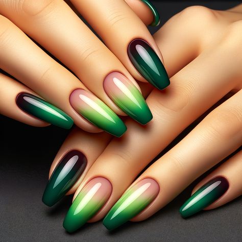 Nail art featuring a beautiful ombre design transitioning from deep green to bright lime. Green Pink Ombre Nails, Green And Red Ombre Nails, Green And Pink Ombre Nails, Blue Green Ombre Nails, Ombré Chrome, Trendy Chrome Nails, Green Ombre Nails, Ombre Chrome Nails, Chrome Nail Designs