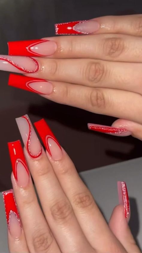 Acrylic Nails Red, Acrylic Nails French, Red Acrylic Nails, Long Acrylic Nail Designs, French Tip Acrylic Nails, French Acrylic Nails, Glow Nails, Dope Nail Designs, Fall Acrylic Nails