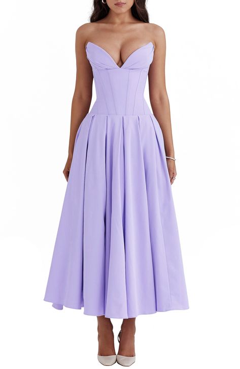 HOUSE OF CB Lady Strapless Cocktail Dress | Nordstrom Lilac Wedding Guest Dress, Pastel Wedding Guest Dress, Pastel Colored Dress, Lilac Formal Dress, Lilac Fashion, Lilac Gown, Purple Formal Dress, Cocktail Dress Nordstrom, Voluminous Skirt