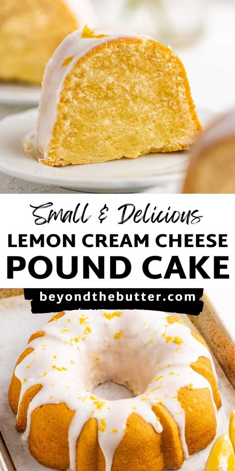 Baked in a 6-cup bundt cake pan, this tart and tangy ultra moist, and tender Lemon Cream Cheese Pound Cake is buttery soft and made with cream cheese, lemon juice, and lemon zest. Top it with a dusting of powdered sugar or a simple lemon glaze for a fun any time of the year treat! Find the full recipe on BeyondtheButter.com! Lemon Cream Cheese Pound Cake, Cream Cheese Bundt Cake, Lemon Bundt Cake Recipe, Lemon Juice Recipes, Cream Cheese Pound Cake Recipe, Citrus Desserts, Cheese Pound Cake, Lemon Pound Cake Recipe, Lemon Cream Cheese Frosting