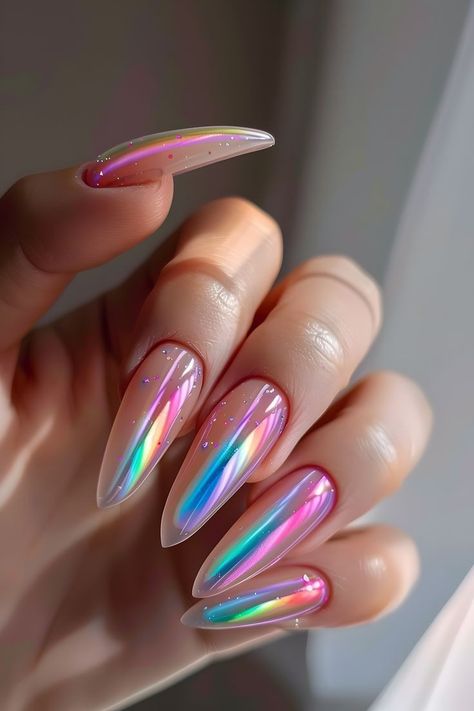 Holi Inspired Nails, Rainbow Airbrush Nails, Music Festival Nails Ideas, Florescent Nail Ideas, Rave Nails Festivals, Spring Nail Designs Simple, Nail Ideas March, Simple Nails Spring, Rainbow Cat Eye Nails