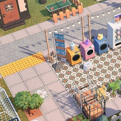 Acnh Laundromat Design, Animal Crossing Laundry Mat, Laundry Area Acnh, Animal Crossing Laundromat, Acnh Laundromat, Folding Station, Laundry Cart, Laundry Mat, Acnh Ideas