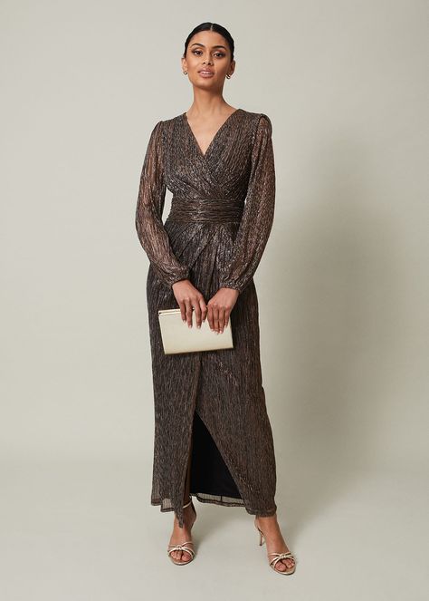 Bronze Metallic Long Sleeve Maxi Dress With Front Split | Phase Eight | Sequin Outfit, Wrap Maxi Dress, Petite Coat, Maxi Dress Black, Sleeve Maxi Dress, Dress Shapes, Hem Style, Phase Eight, Long Sleeve Maxi