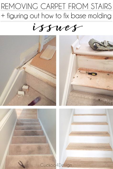 removing carpet from stairs | carpet to wood stairs | carpet stairs to wood | removing carpet from stairs and figuring out how to fix base molding issues | stair makeover #stairmakeover #homeimprovement Carpet Free Stairs, Pulling Carpet From Stairs, Removing Carpet From Stairs, Paint Stairs, Painting Plywood, Refinish Stairs, Stairs Makeover Design, Diy Stairs Makeover, Stairs Diy