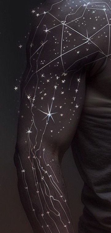 Sky Map Tattoo, Star Seed Art, Cosmic Arm Tattoo, Full Body Lightning Tattoo, Constellation Map Tattoo, Star Dragon Tattoo, Star Tattoo Sleeve Women, Fallen Star Tattoo, Lichtenberg Tattoo