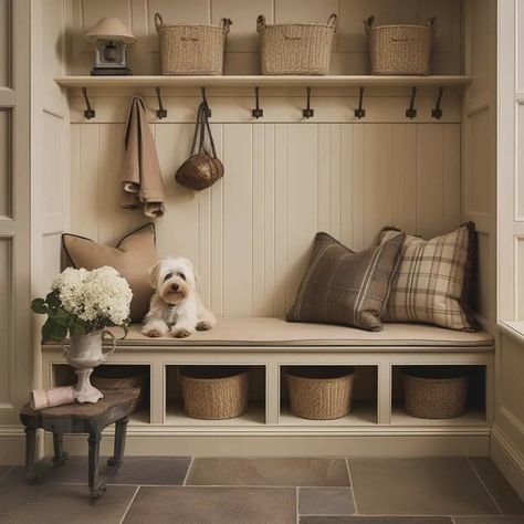 Porch Boot Room, Brown Mudroom, Farmhouse Boot Room, Boot Room Ideas With Dog Bed, English Boot Room Country Houses, Dog Bed Boot Room, Country House Boot Room, Mud Room Designs, White Picket Fence Ideas