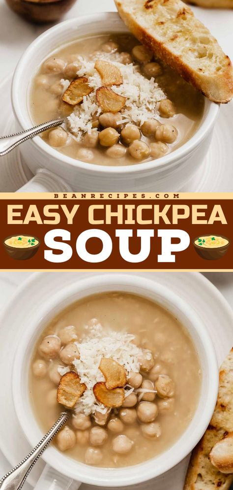 You're just 30 minutes away from this fall comfort food idea! It's a warm dinner recipe featuring canned chickpeas. Along with the flavors of garlic and Parmesan, this simple chickpea soup is the BEST. Such a hearty soup! Garlic Chickpea Soup, Garbanzo Bean Soup, Easy Bean Recipes, Healthy Main Meals, Easy Vegetable Soup, Easy Hummus Recipe, Garlic Chips, Garbanzo Bean, Homemade Dinner Recipes