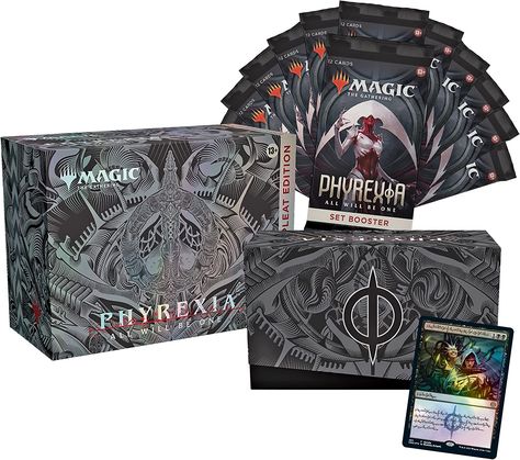 Contains cards exclusive to the Complete Edition
1 Complete Edition booster—12 Oil Slick Raised Foil cards, with 2 Mythic Rares + 10 Basic Lands (2 of each type)
1 Exclusive Phyrexian Language Traditional Foil Rare promo card—Phyrexian Arena
40 Traditional Foil Land cards that celebrate the glory of Phyrexia—20 Phyrexianized Lands + 20 Panorama Full-Art Lands
12 Phyrexia: All Will Be One Set Boosters—the best MTG boosters to open just for fun
1 Complete Edition-exclusive foil card box Magic The Gathering Cards, Magic Cards, Oil Slick, Foil Cards, Wizards Of The Coast, Card Storage, Special Cards, The Ultimate Gift, The Glory